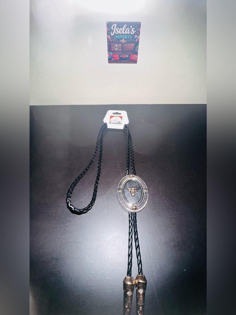 Western Bolo Tie with Bull Medallion - Black and Silver